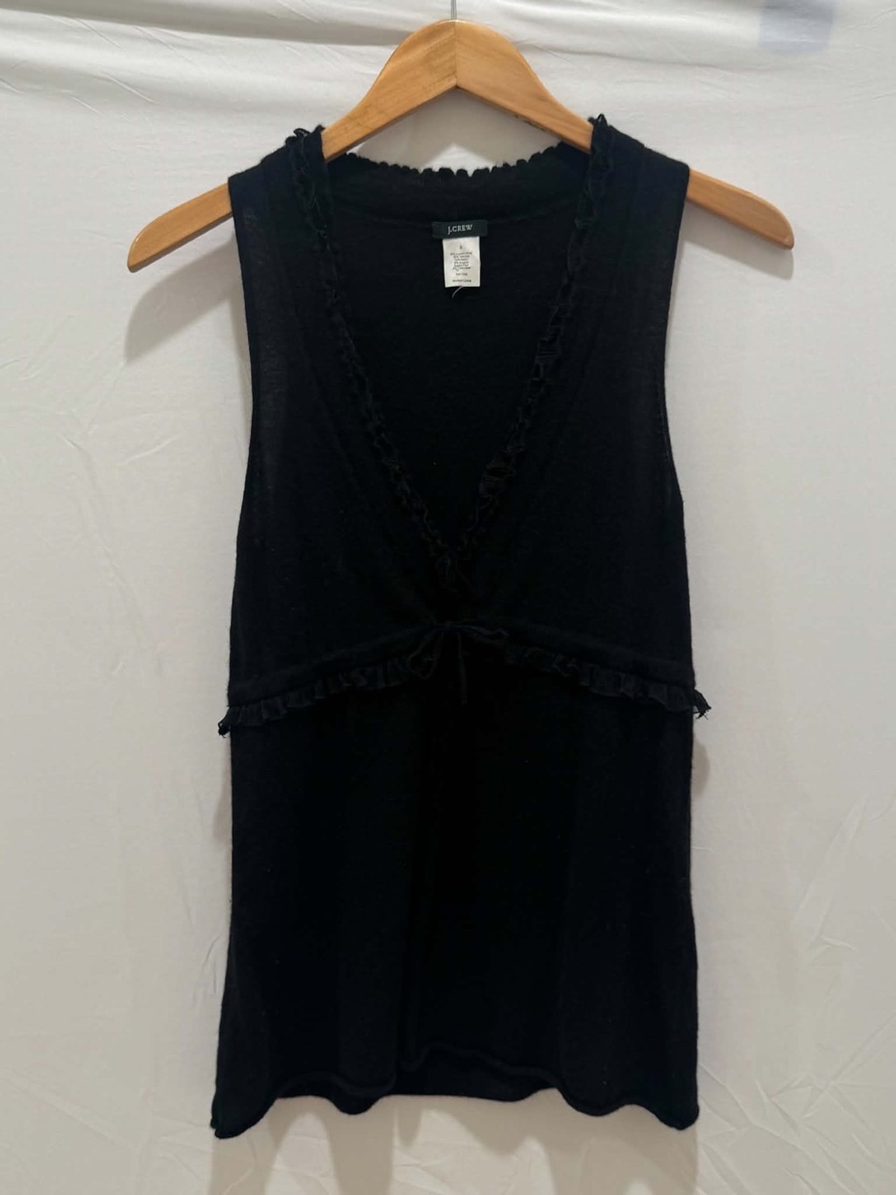 J. Crew Black Sleeveless V-Neck Wool Cashmere blend Ruffle Tie Tank Top Women S